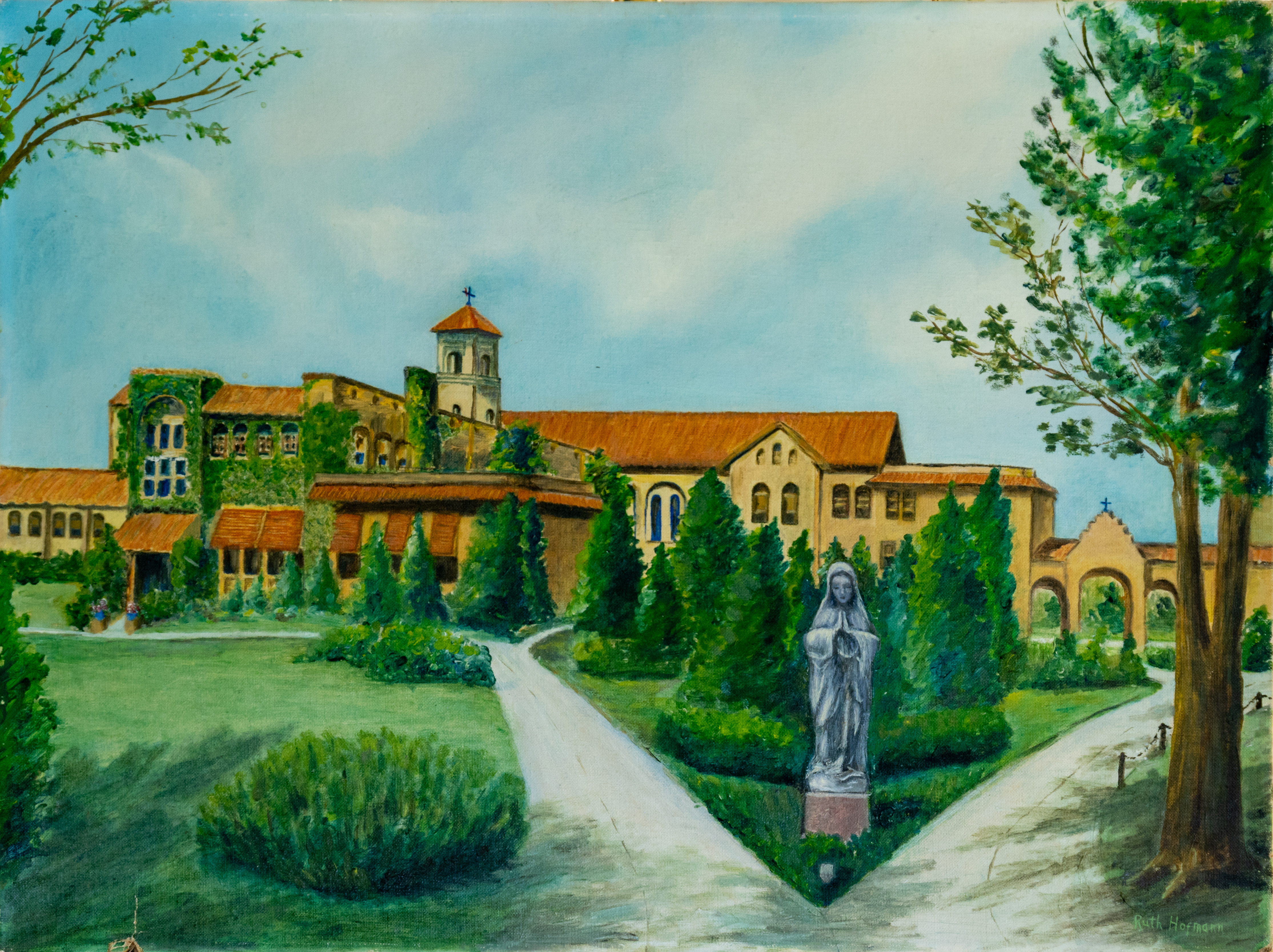 Convent Courtyard with Marian Statue by Ruth Hoffman