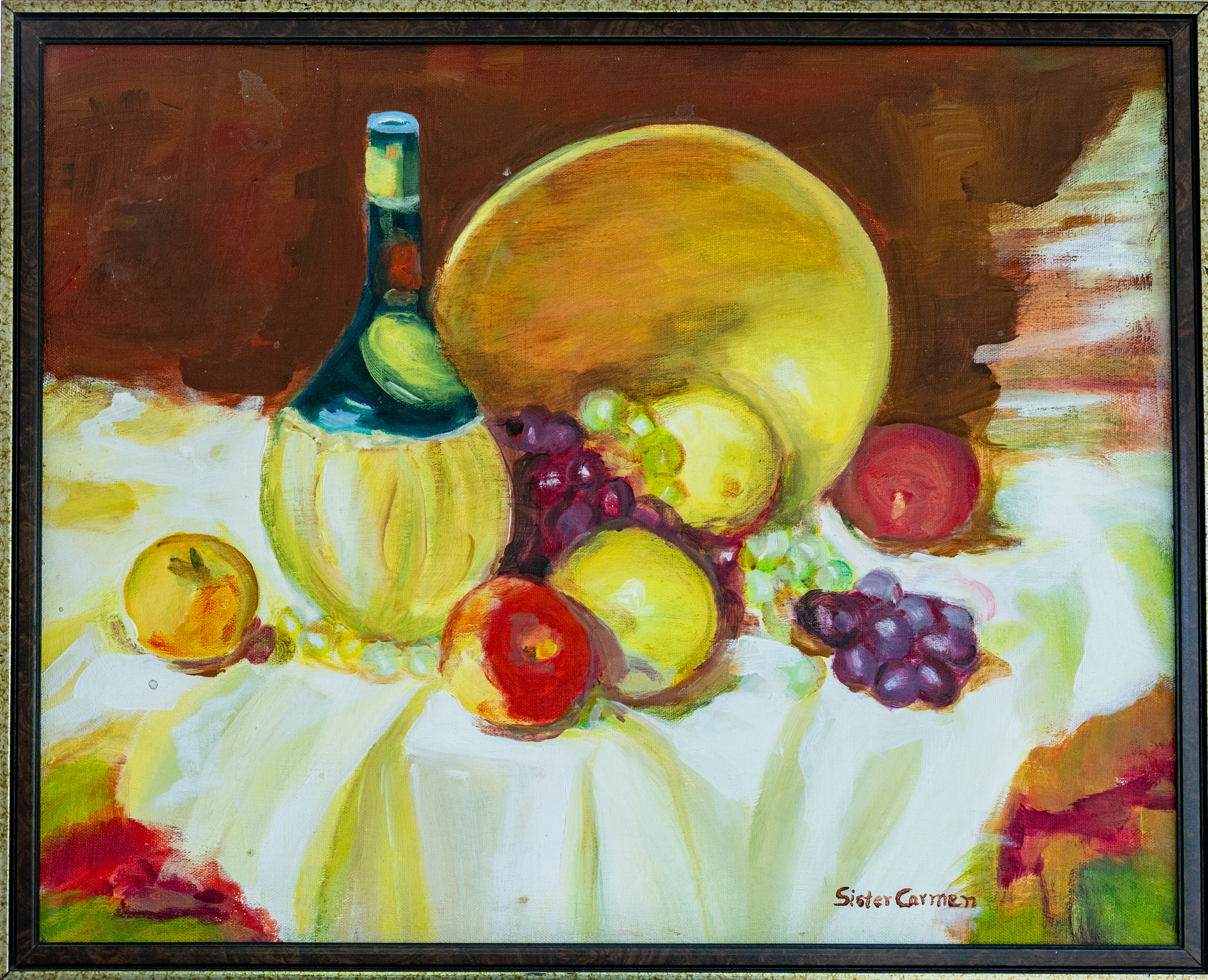 Still Life with Fruit and Bottle by Sister Carmen